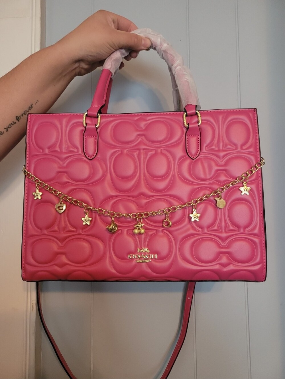 Coach Maggie Tote Hot Pink Quilted Satchel with Gold Charm Chain